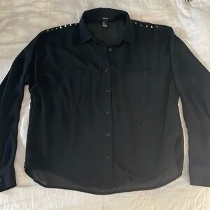 Forever 21 Black Sheer Studded Long Sleeve Button Down Blouse sz S
